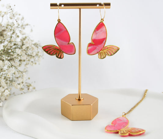 Schmetterling Polymer Clay Ohrringe Halskette in goldener Fassung
