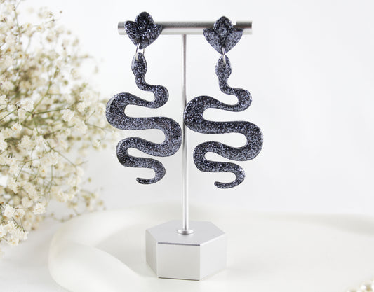 Black Glitter Snake Polymer Clay Earrings