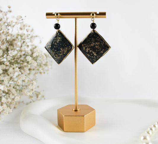 Schwarz Goldene Geometrische Statement Polymer Clay Ohrringe mit Naturstein