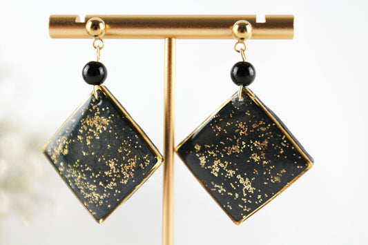 Schwarz Goldene Geometrische Statement Polymer Clay Ohrringe mit Naturstein