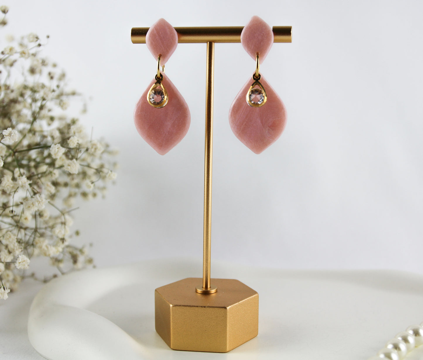 Pink with Crystal Polymer Clay Earrings, Bridal Wedding Earrings