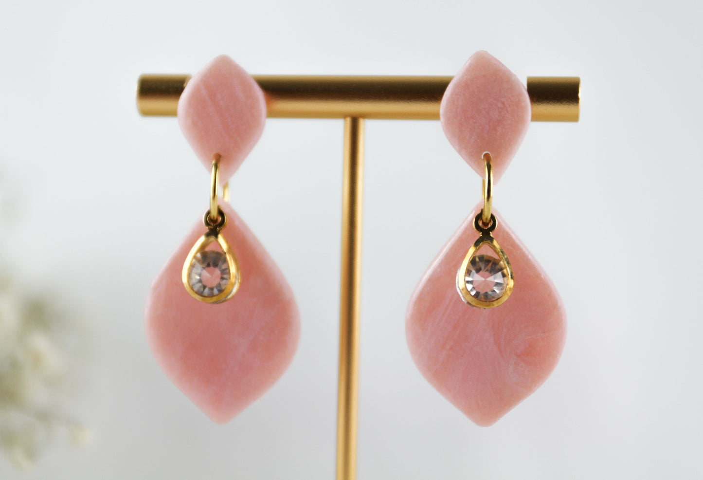 Pink with Crystal Polymer Clay Earrings, Bridal Wedding Earrings