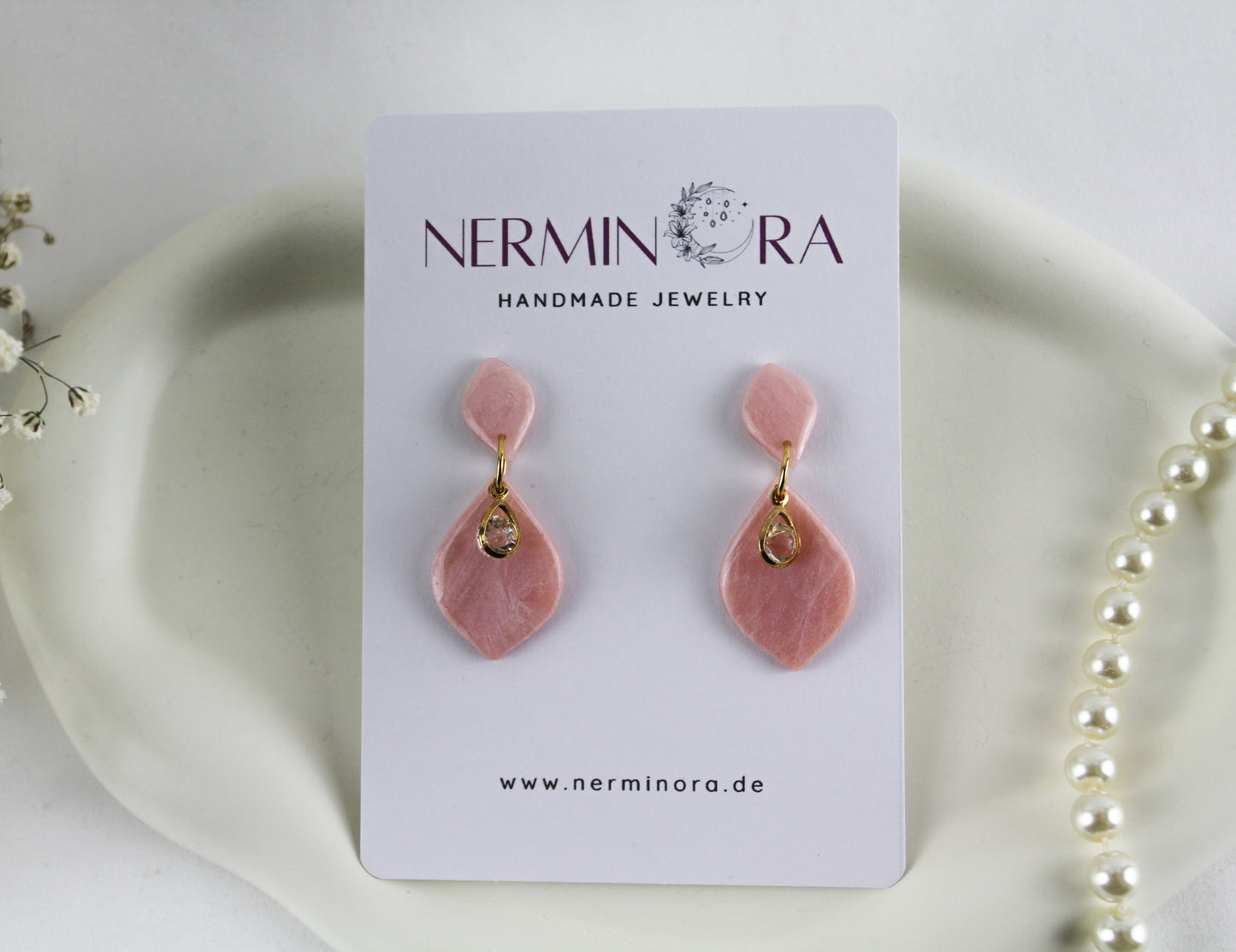 Pink with Crystal Polymer Clay Earrings, Bridal Wedding Earrings