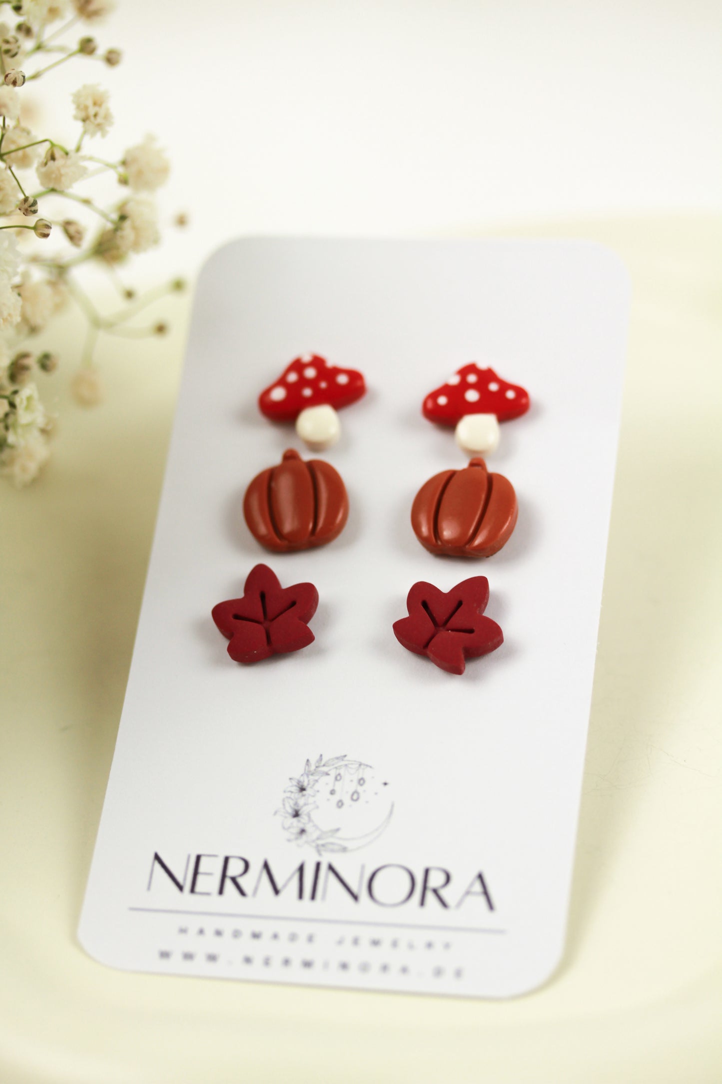 Herbst Trio – Tiny Stud Set (Kürbis, Pilz, Blatt) – Polymer Clay Ohrstecker