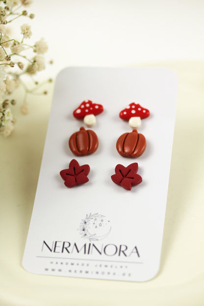 Herbst Trio – Tiny Stud Set (Kürbis, Pilz, Blatt) – Polymer Clay Ohrstecker