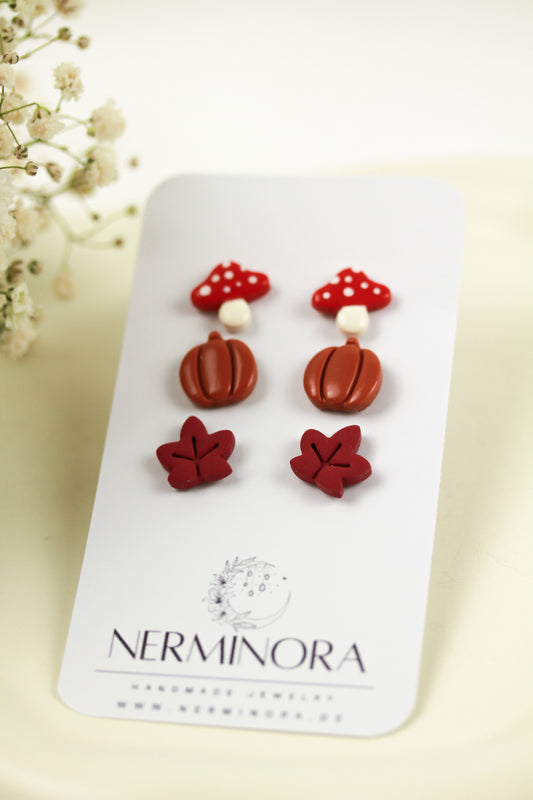 Herbst Trio – Tiny Stud Set (Kürbis, Pilz, Blatt) – Polymer Clay Ohrstecker
