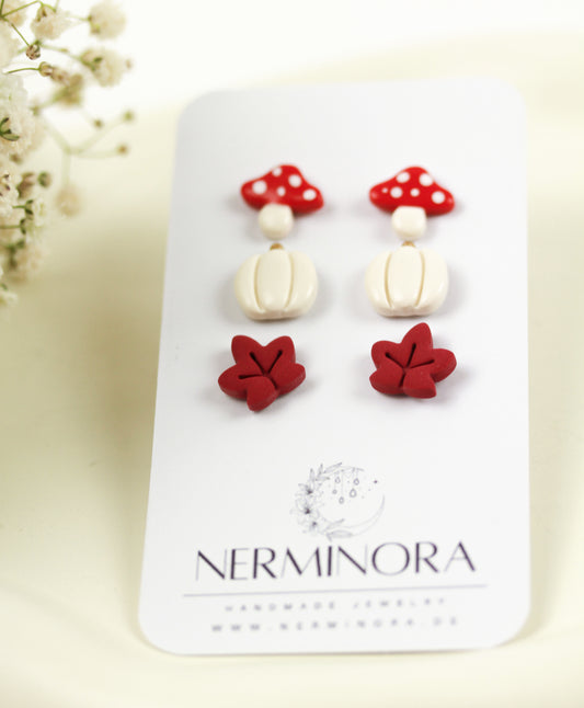 Herbst Trio – Tiny Stud Set (Kürbis, Pilz, Blatt) – Polymer Clay Ohrstecker