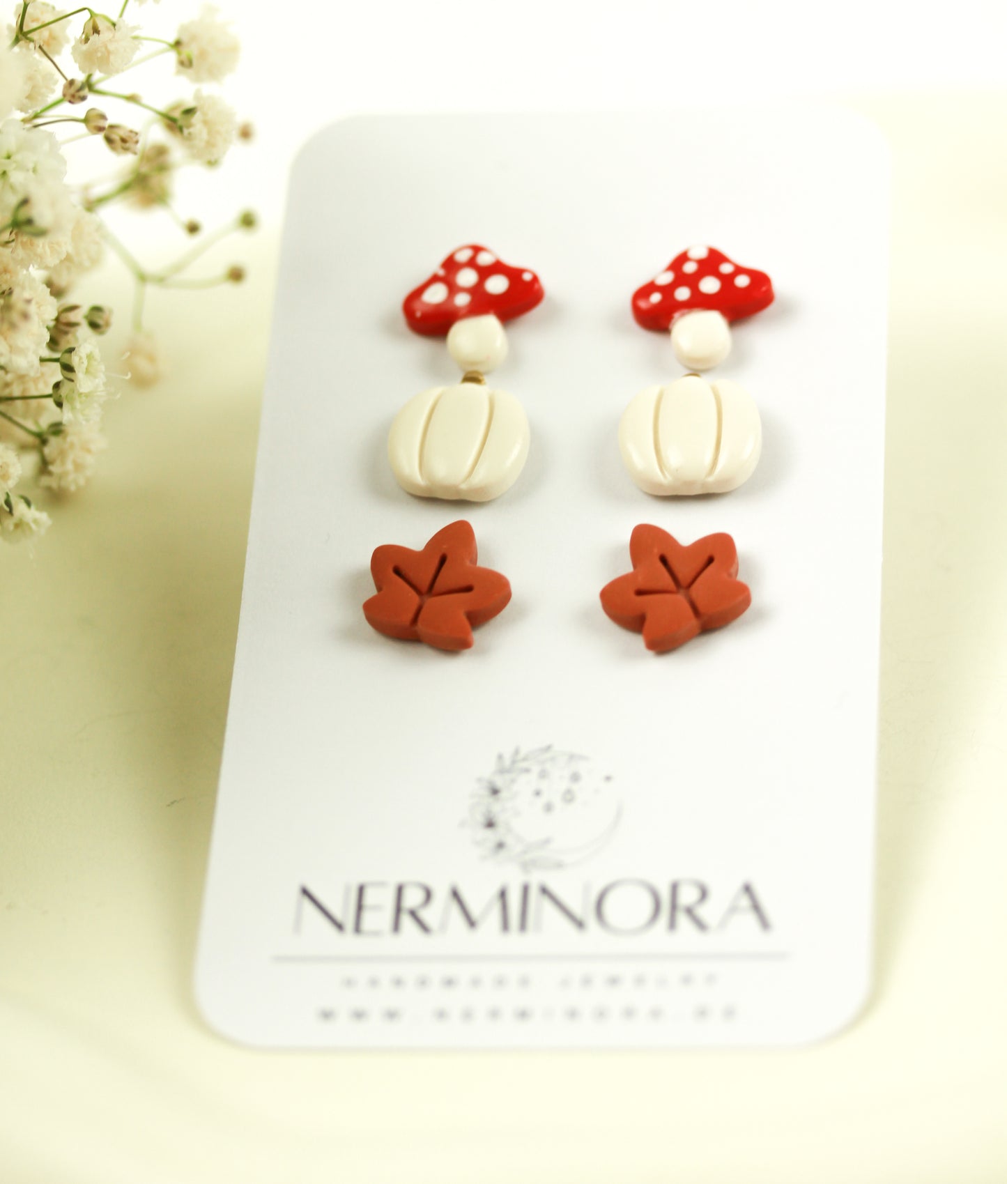 Herbst Trio – Tiny Stud Set (Kürbis, Pilz, Blatt) – Polymer Clay Ohrstecker