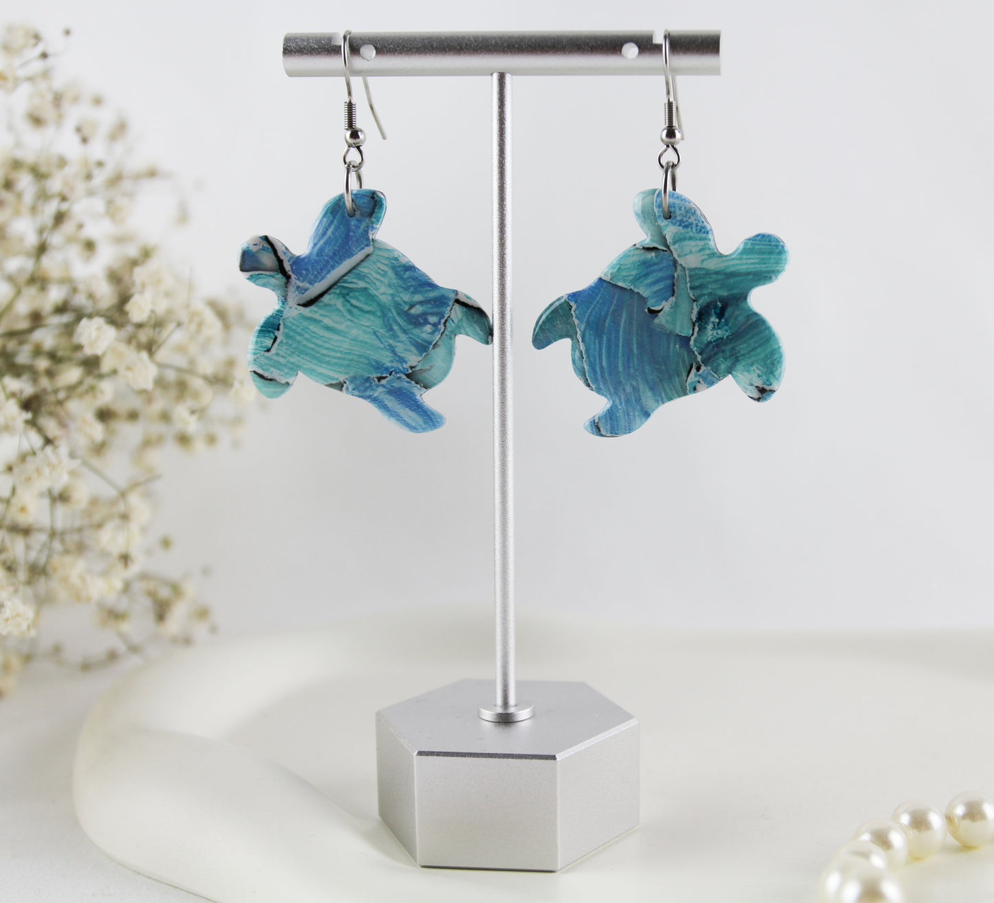 Meeres Briese Blau Weiße Polymer Clay Ohrringe