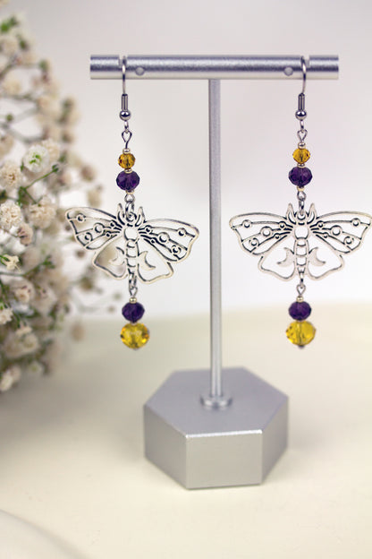 Silver Butterfly Ohrringe mit lila-gelben Kristallperlen – Amberwing Kollektion