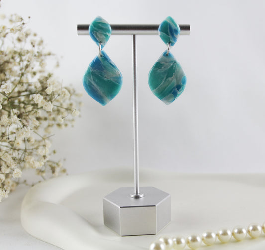 Turquoise-White Sea Ocean Marble Drop Polymer Clay Earrings