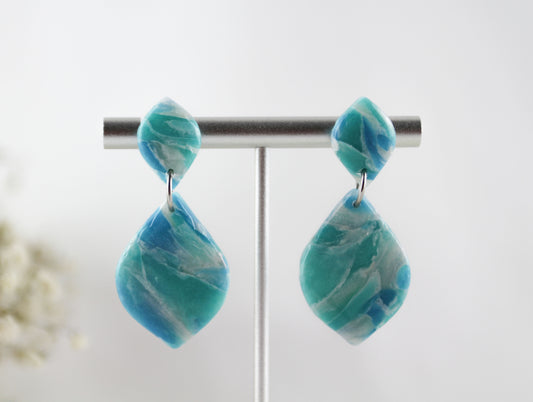 Turquoise-White Sea Ocean Marble Drop Polymer Clay Earrings