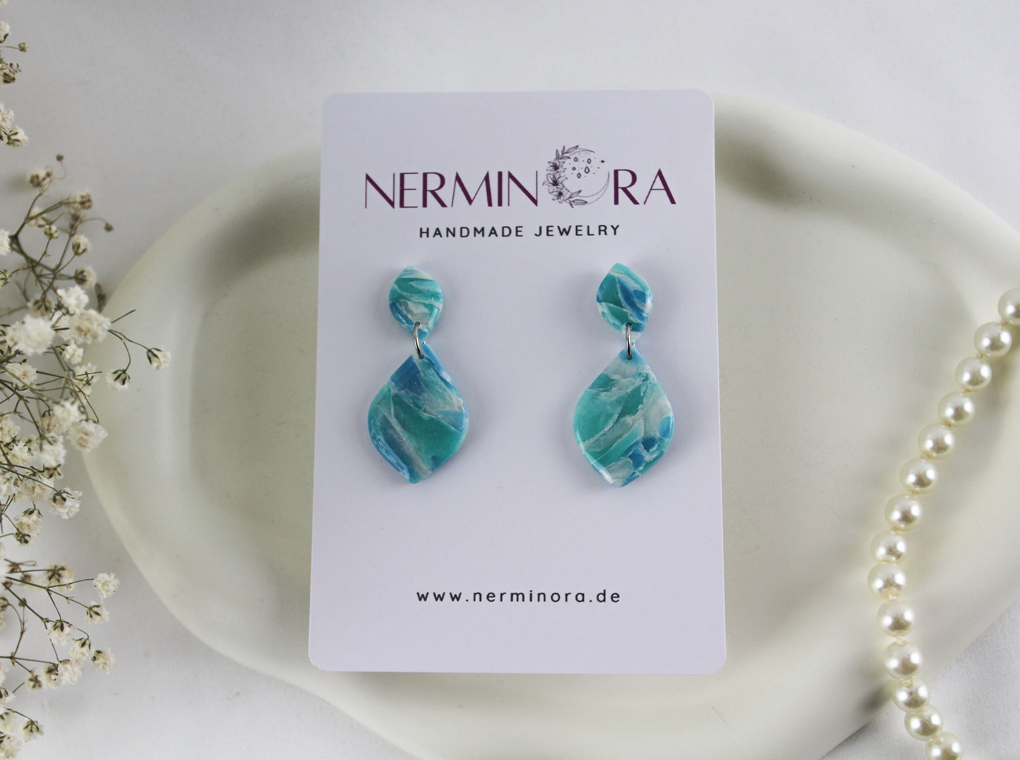 Turquoise-White Sea Ocean Marble Drop Polymer Clay Earrings