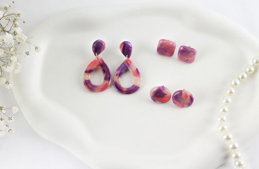 Colorful Purple Pink Marble Polymer Clay Earrings