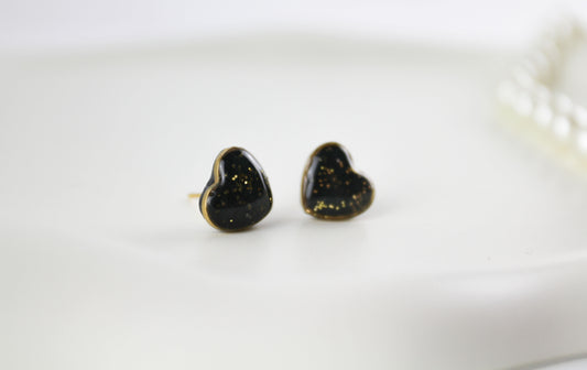 Small Black and Gold Resin Stud Earrings in Gold-Colored Heart Setting