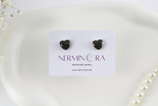 Small Black and Gold Resin Stud Earrings in Gold-Colored Heart Setting