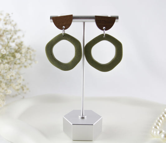 Green polymer clay earrings with walnut wood studs