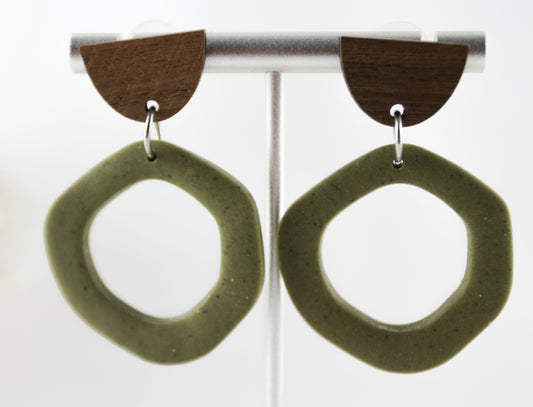 Green polymer clay earrings with walnut wood studs