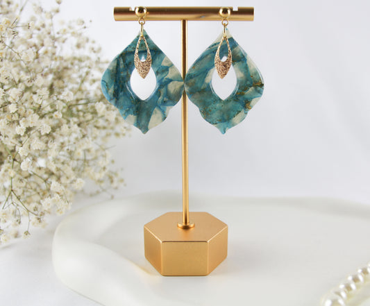 Green Golden Baroque Marble Statement Polymer Clay Earrings