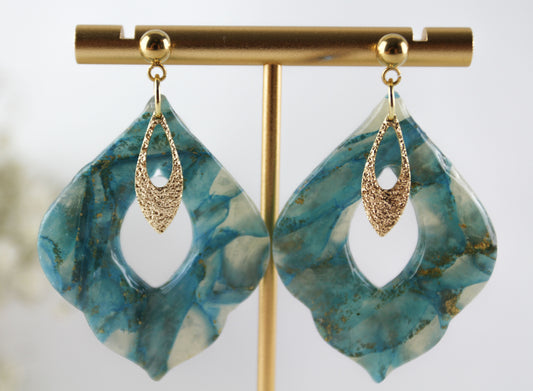 Green Golden Baroque Marble Statement Polymer Clay Earrings