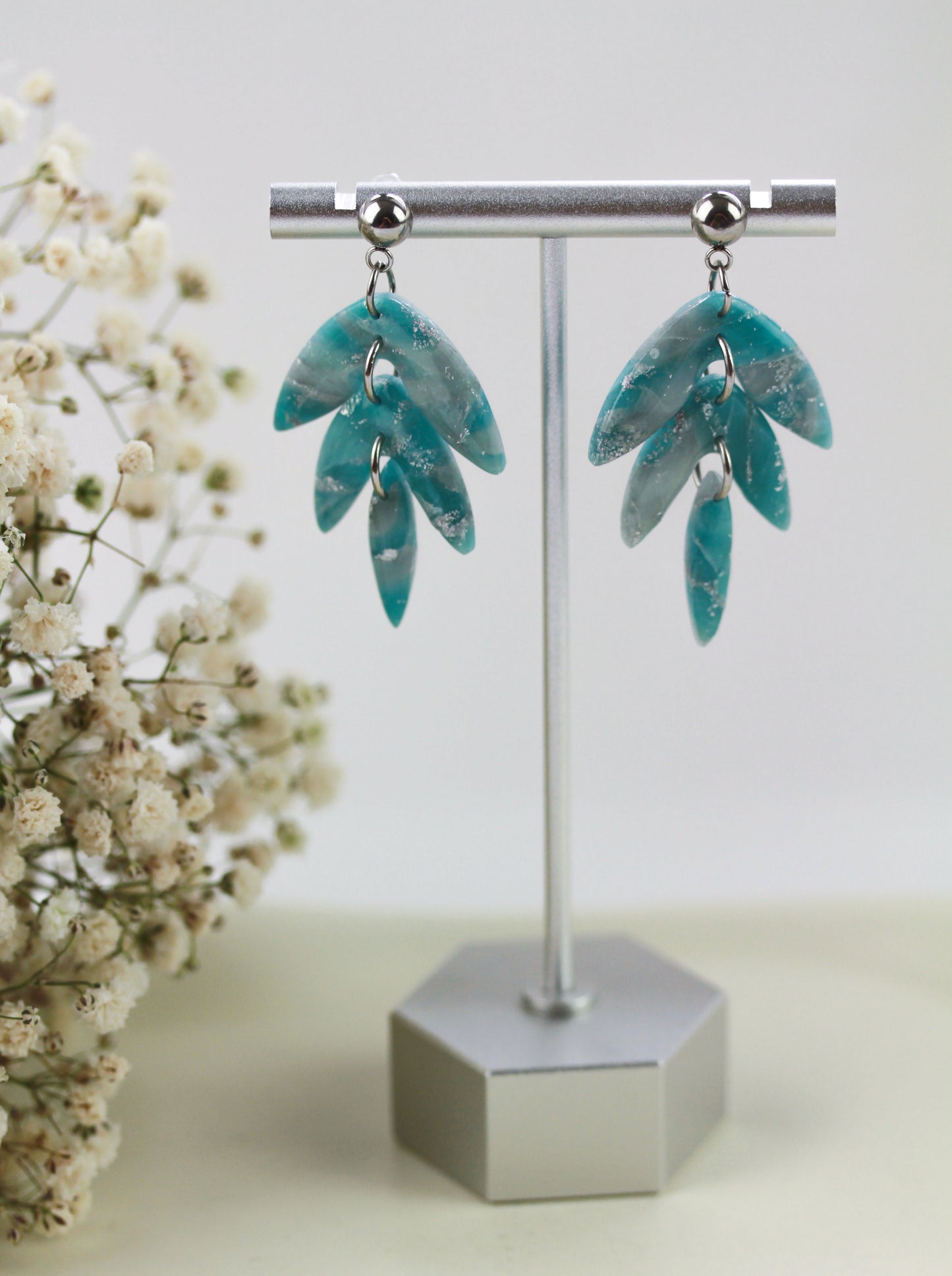 Grün-Silber Marmor Ohrringe – Handgefertigte Polymer Clay Statement