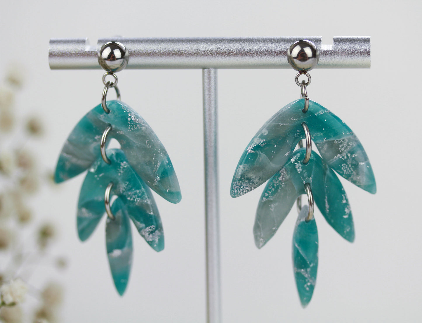 Grün-Silber Marmor Ohrringe – Handgefertigte Polymer Clay Statement