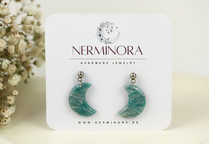 Grün-Silber Mond Marmor Ohrringe – Handgefertigte Polymer Clay Statement Ohrringe
