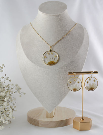 Echte Daisy Gänseblümchen – Handgefertigte Harz Ohrringe & Halskette