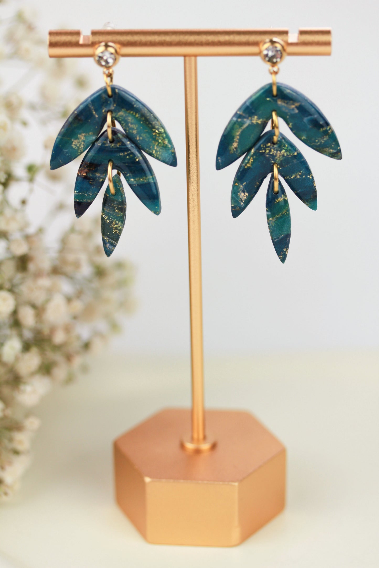 Grün-Schwarz-Gold Marmor Ohrringe – Handgefertigte Polymer Clay Statement