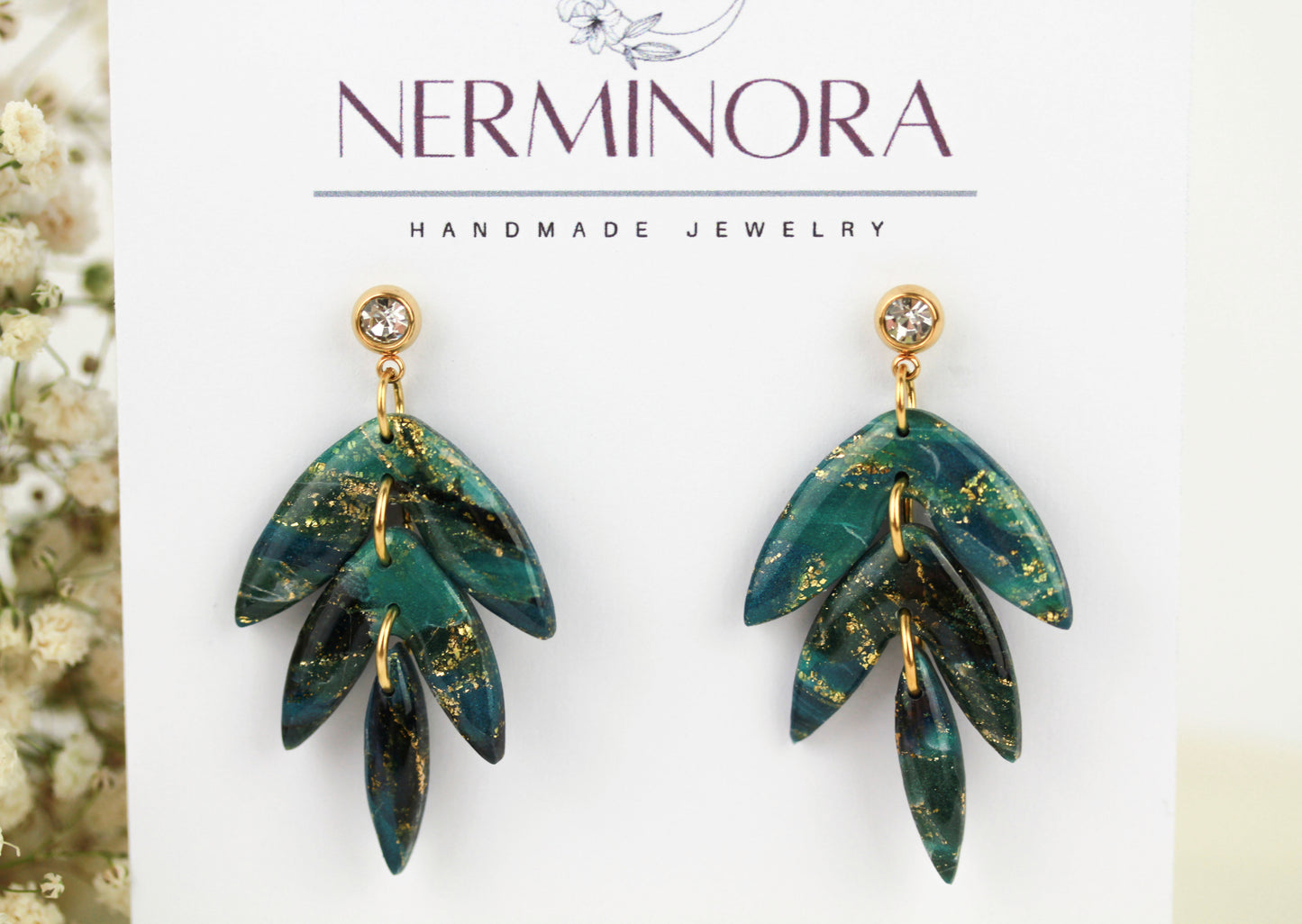 Grün-Schwarz-Gold Marmor Ohrringe – Handgefertigte Polymer Clay Statement