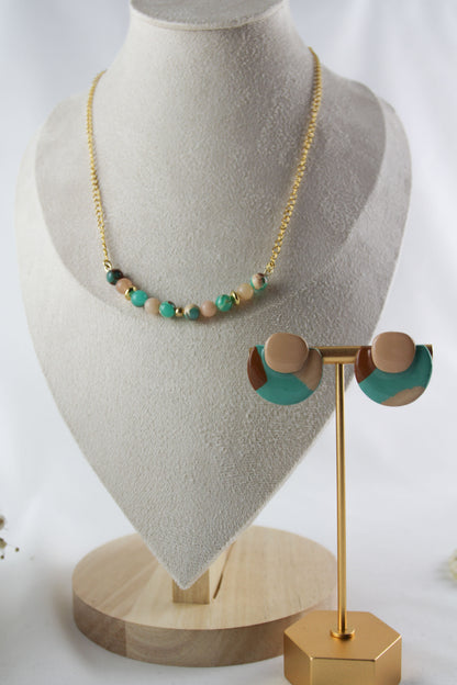 Beige-Grün-Braunes Schmuckset – Polymer Clay Ohrringe & Perlenhalskette