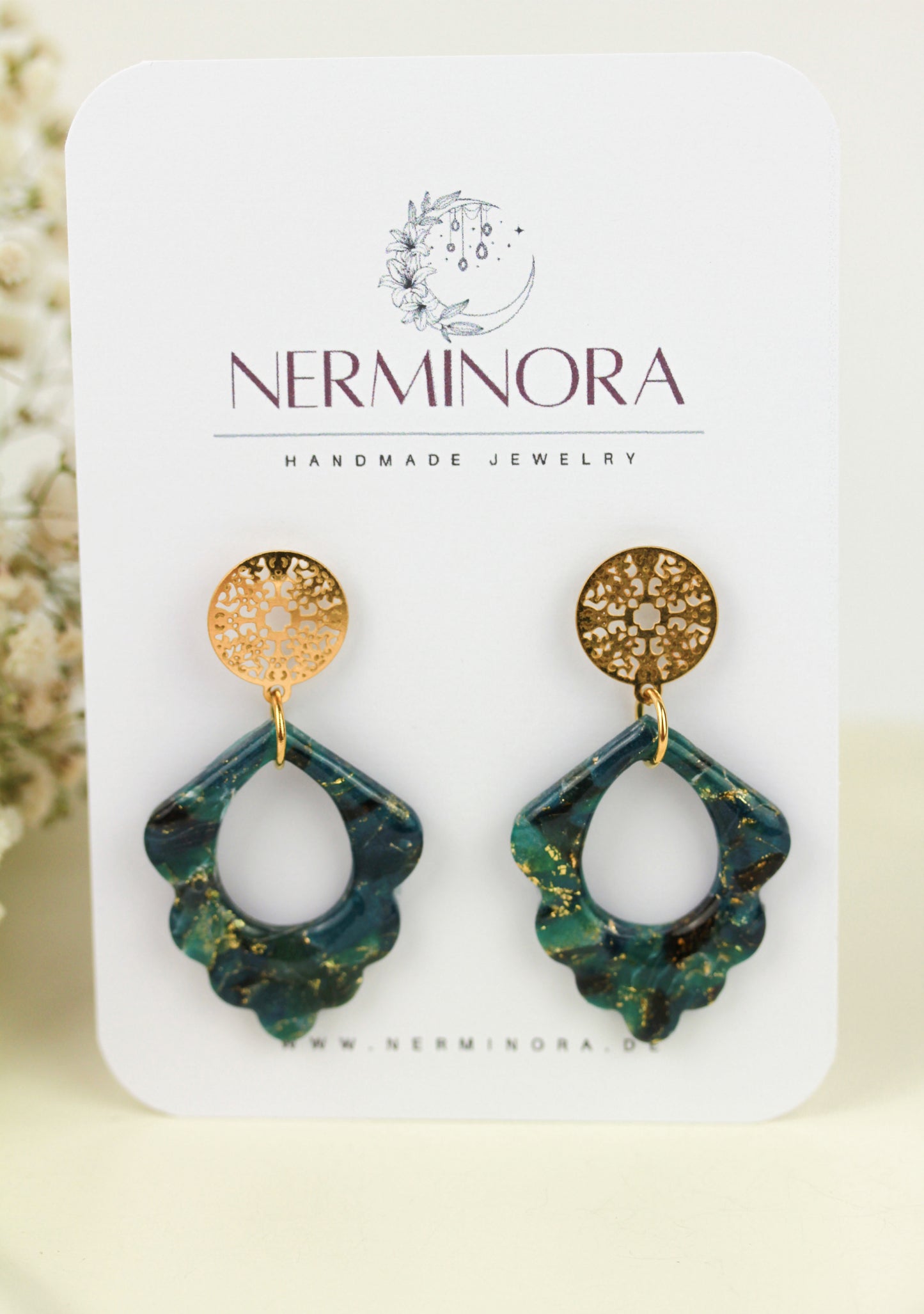 Grün-Schwarz-Gold Marmor Ohrringe – Handgefertigte Polymer Clay Statement