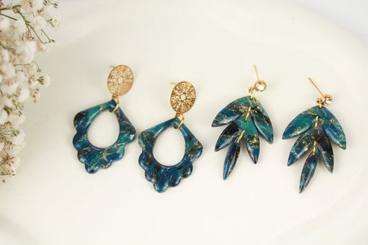 Grün-Schwarz-Gold Marmor Ohrringe – Handgefertigte Polymer Clay Statement