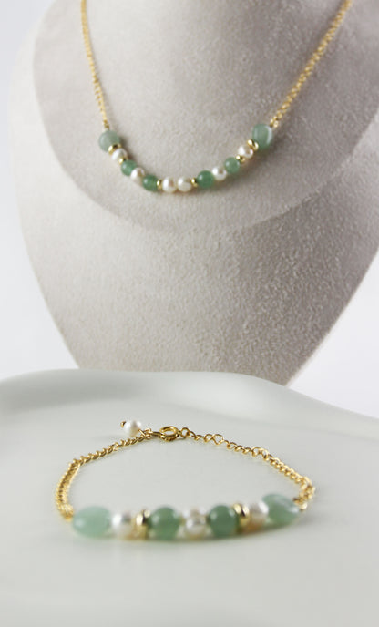 Aventurin & Süßwasserperlen Schmuckset – Halskette & Armband | Handgefertigt