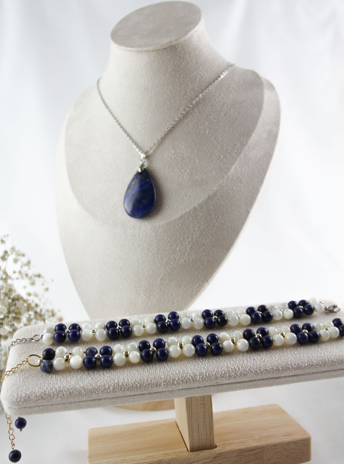 Lapislazuli Muschelperlen Naturstein Blumen Armband - Lapislazuli Halskette