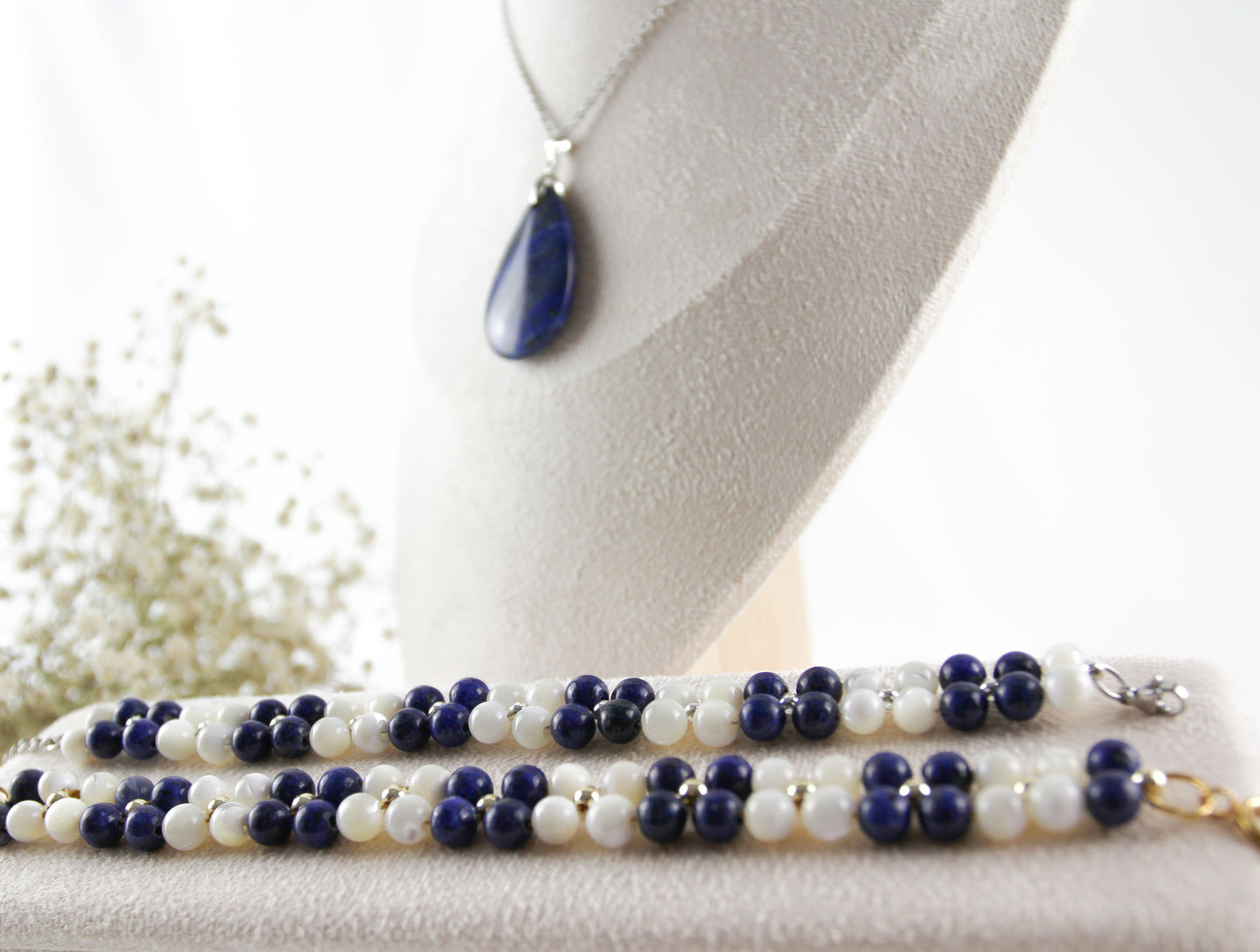 Lapislazuli Muschelperlen Naturstein Blumen Armband - Lapislazuli Halskette