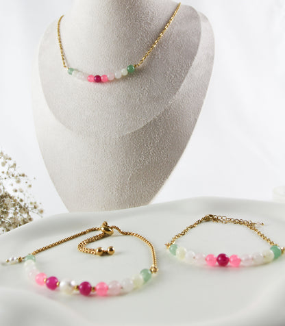 Buntes Naturstein & Süßwasserperlen Schmuckset – Handgefertigtes Armband & Halskette