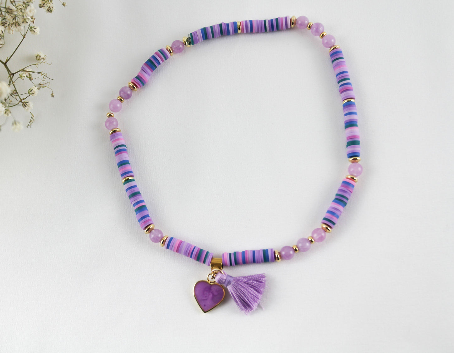 Purple Double Bracelet Katsuki Heishi Beads Bracelet with Natural Stones