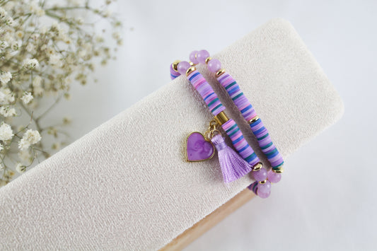 Purple Double Bracelet Katsuki Heishi Beads Bracelet with Natural Stones