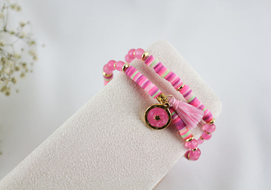 Pink Double Bracelet Katsuki Heishi Beads Bracelet with Natural Stones