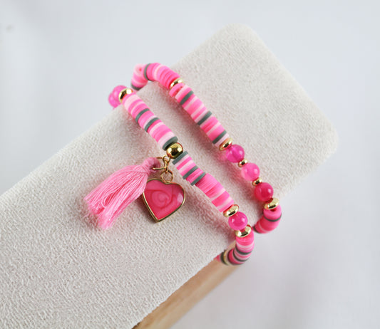 Rose Red Double Bracelet Katsuki Heishi Beads Bracelet with Natural Stones