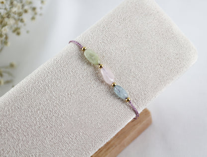 Aventurin–Rosenquarz–Aquamarin Armband – Handgefertigter Naturstein-Mix auf Seidenfaden