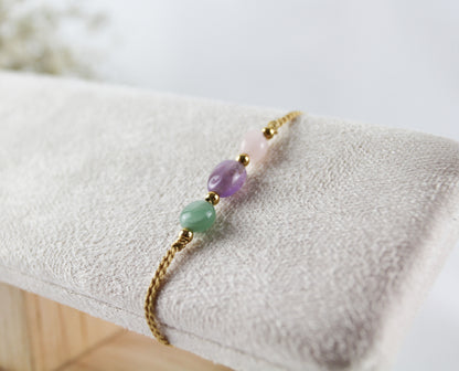Aventurin–Amethyst–Rosenquarz Armband – Natursteine auf Seidenfaden | Handgefertigt