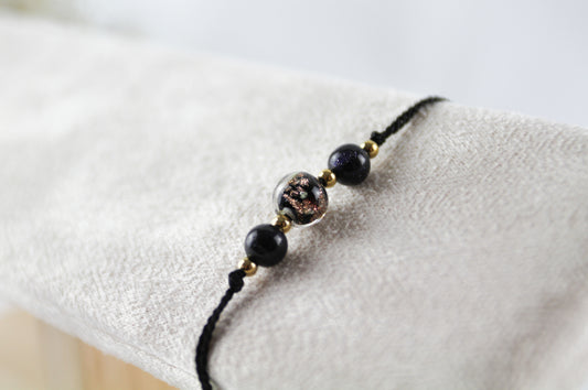 Gold Obsidian With Glow-in-the-Dark Pearl On Silk Thread Bracelet