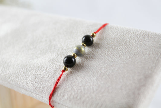 Gold Obsidian Natural Pearl On Silk Thread Bracelet