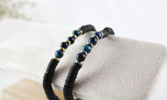 Black Katsuki Heishi Beads Bracelet with Tiger Eye Natural Stones Men's Bracelet