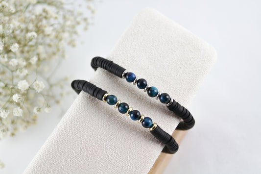 Black Katsuki Heishi Beads Bracelet with Tiger Eye Natural Stones Men's Bracelet