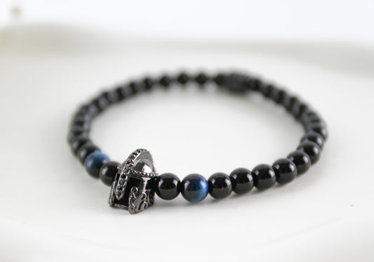 Men's Agate Natural Stone Tiger Eye Bracelet with Gladiator Helmet Charm