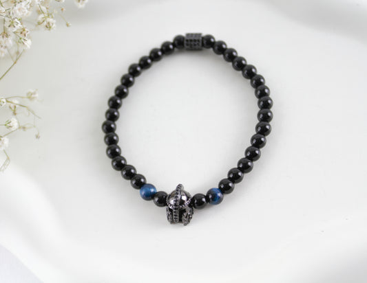 Men's Agate Natural Stone Tiger Eye Bracelet with Gladiator Helmet Charm