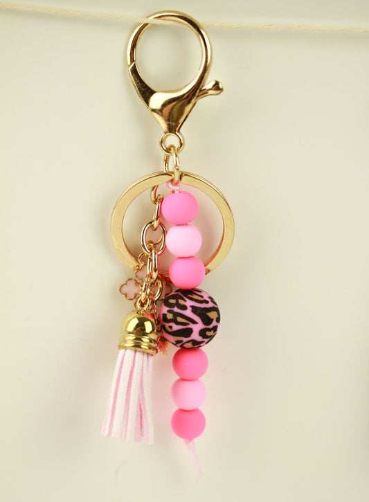 Pink Leo Bubbly Perlen Schlüsselanhänger mit Quaste – Handgemachter Schlüsselanhänger